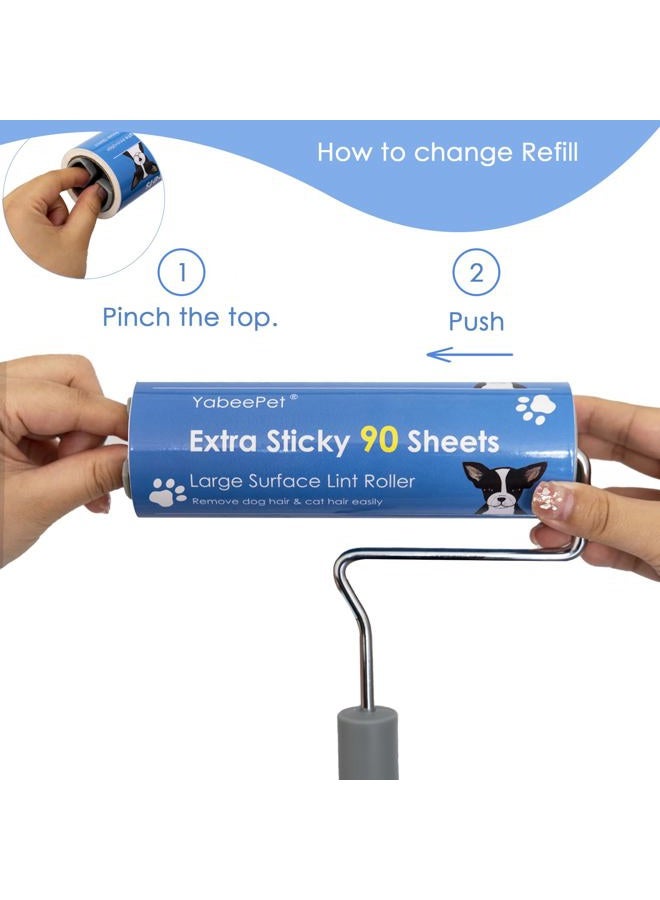 YabeePet Extreme Sticky Large Surface Lint Roller, Long Handle Pet Hair Remover, Designed for Removing Pet Dog Cat Hair 90 Sheets per Roll, 6.3 inch Width (1 Roller+2 Refills) - Image 3