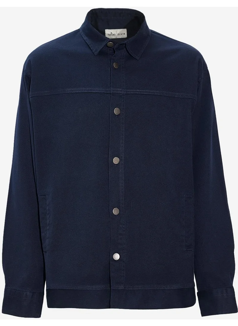 تودورس Men's Relax Fit Casual Cut Gabardine Lycra Side Pocket Navy Blue Jacket Shirt