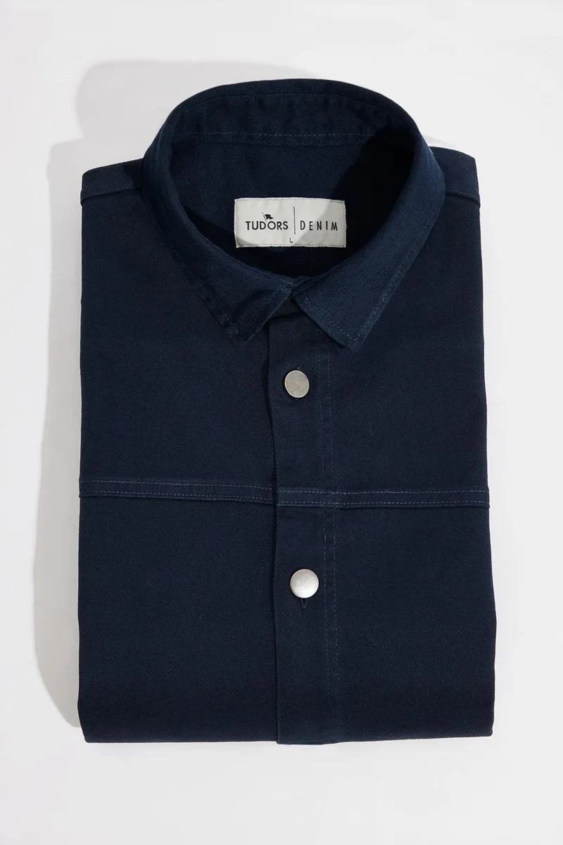 Tudors Men's Relax Fit Casual Cut Gabardine Lycra Side Pocket Navy Blue Jacket Shirt