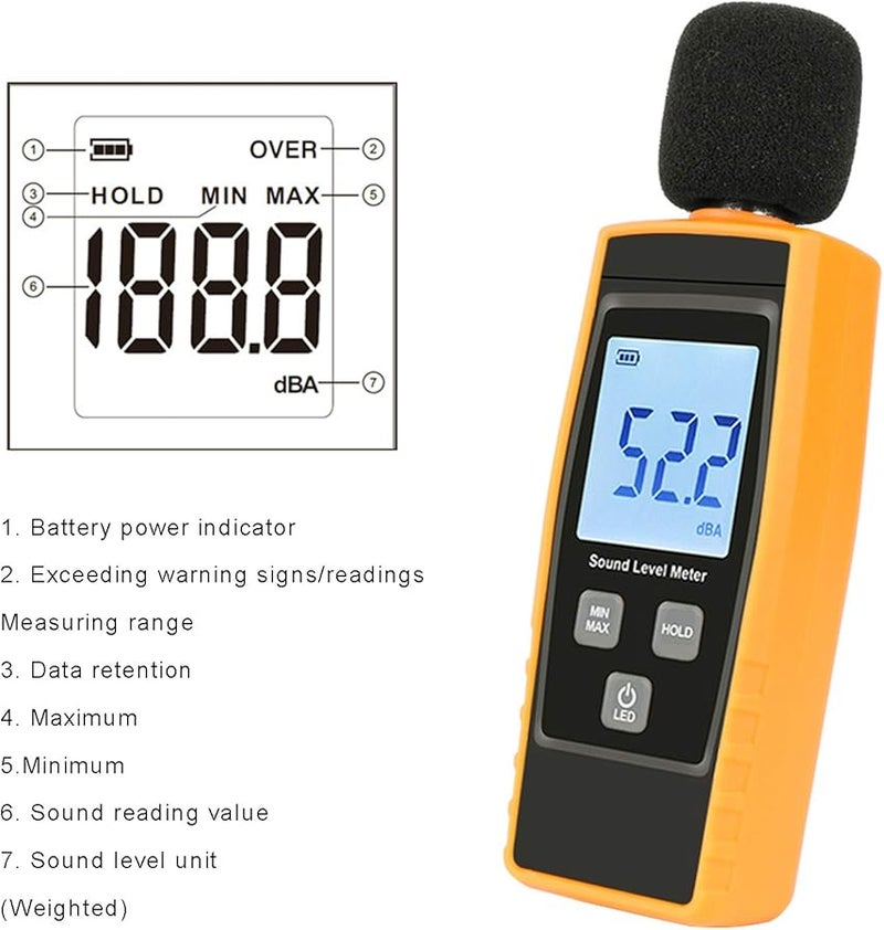 مقياس مستوى الصوت الرقمي 30-130 ديسيبل مع إضاءة خلفية للشاشة الكريستالية السائلة، أقصى/أدنى، تثبيت البيانات، صوت احترافي - Image 2