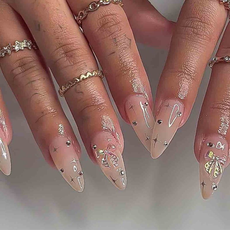 RikView French Tips Nails Medium Press on Nails Coffin Fake Nails Green Nails Glossy Full Cover Nails 24 PCS/Set - Image 2