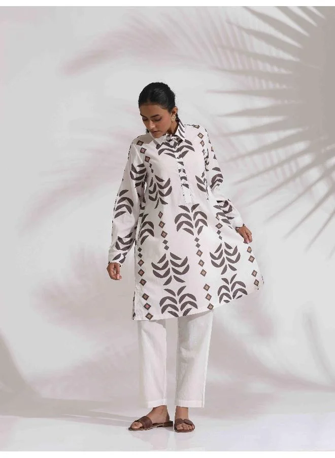 trueBrowns trueBrowns White Cotton Stripe Print Kurta Co-ord Set