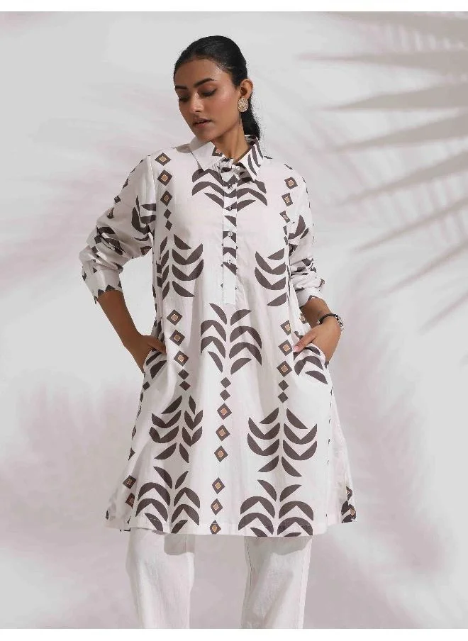 ترو برونز trueBrowns White Cotton Stripe Print Kurta Co-ord Set