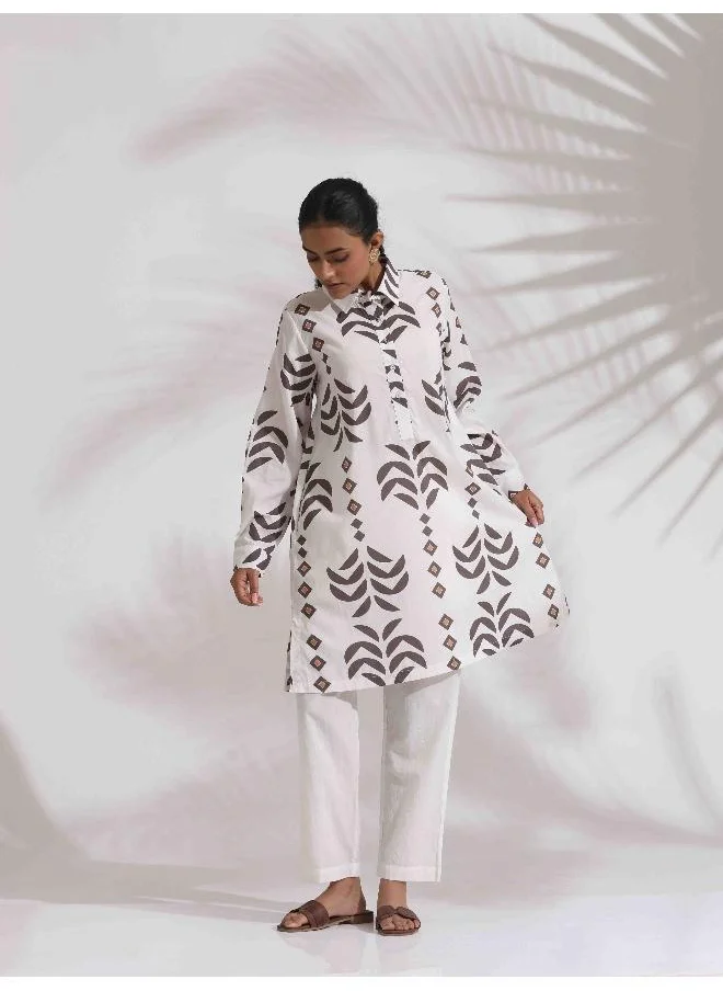 ترو برونز trueBrowns White Cotton Stripe Print Kurta Co-ord Set