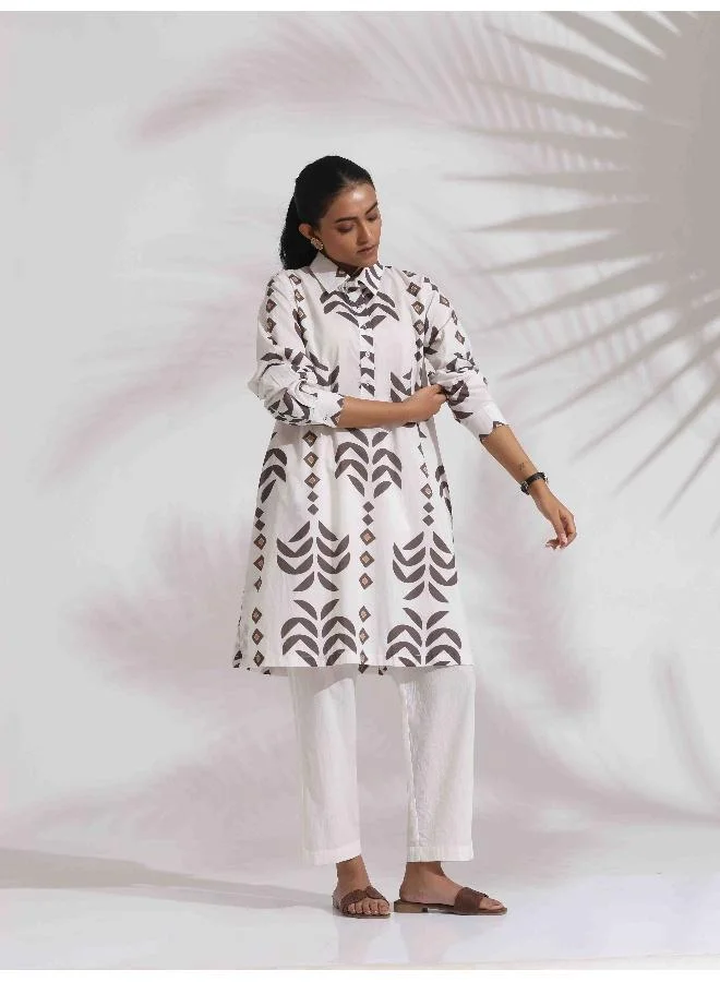 trueBrowns trueBrowns White Cotton Stripe Print Kurta Co-ord Set
