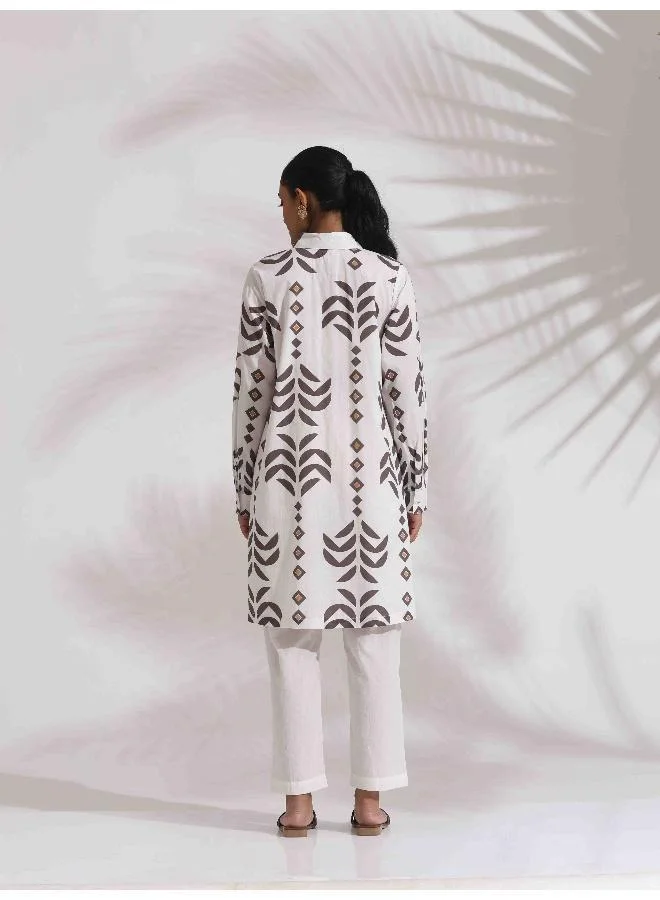 trueBrowns trueBrowns White Cotton Stripe Print Kurta Co-ord Set