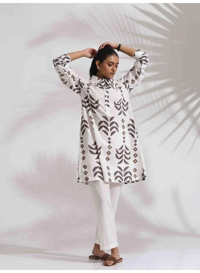 trueBrowns trueBrowns White Cotton Stripe Print Kurta Co-ord Set