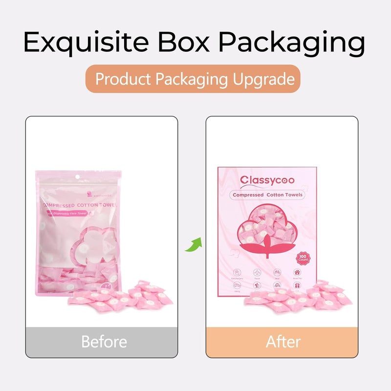 Classycoo Compressed Towel 100 PCS Mini Tablets Disposable Portable Face Towel Cotton Coin Tissue for Travel, Camping, Hiking, Sport, Beauty Salon, Home Hand Wipes and Other Outdoor Activities Pink - Image 3