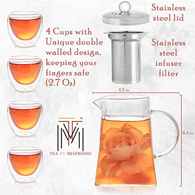 Mixpresso 5 Piece Glass Tea Pot Set, Kettle With Removable Infuser, Clear Glass Teapot 33Oz With 4 Double Wall Cups 2.7Oz Stovetop Safe Teapot For Loose Leaf Tea, Perfct As Tea Gift Sets. - Image 5