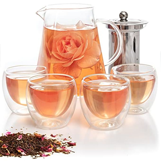 Mixpresso 5 Piece Glass Tea Pot Set, Kettle With Removable Infuser, Clear Glass Teapot 33Oz With 4 Double Wall Cups 2.7Oz Stovetop Safe Teapot For Loose Leaf Tea, Perfct As Tea Gift Sets. - Image 4