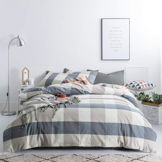 CHECKERED DUVET COVER KING 100 WASHED COTTON BLUE PLAID DUVET COVER 3 PCS SET 1 BEIGE GRID DUVET COVER WITH ZIPPER TIES 2 PILLOWCASES SOFT FARMHOUSE BUFFALO CHECKERED BEDDING SET