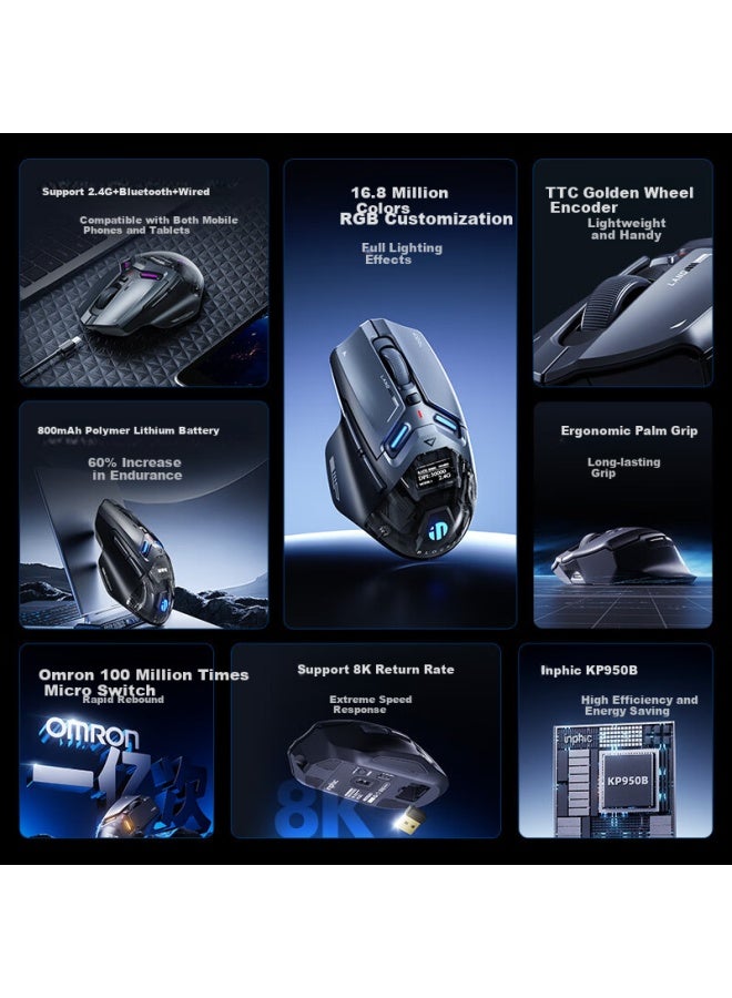 Inphic In9 Ultra Wireless Gaming Mouse Right Hand Ergonomic Esports Mouse 2.4g/wired/bluetooth Three Modes Paw3950 30000dpi/8k Polling Rate Vibration Interaction - Image 4