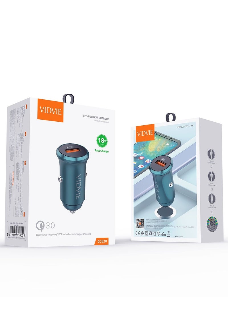 فيدفي - VIDVIE-CAR CHARGER CC520-TYPE-C CABLE INCLUDED-شاحن سيارة-كابل تايب سي-18w MAX-مخرج USB-شحن سريع-تصميم فريد وأنيق-ازرق - Image 1