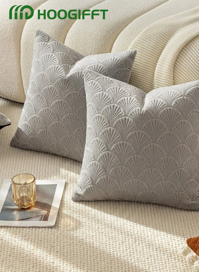 HOOGIFFT Set of 2 Premium Velvet Cushion Covers 45x45 cm - Luxury 3D Embroidered Geometric Decorative Throw Pillow Cases for Sofa, Couch, Living Room, Bedroom and Majlis Home Decoration (Light Grey) - Image 1