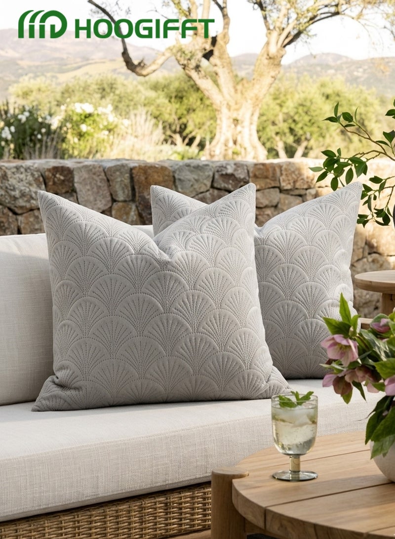 HOOGIFFT Set of 2 Premium Velvet Cushion Covers 45x45 cm - Luxury 3D Embroidered Geometric Decorative Throw Pillow Cases for Sofa, Couch, Living Room, Bedroom and Majlis Home Decoration (Light Grey) - Image 2