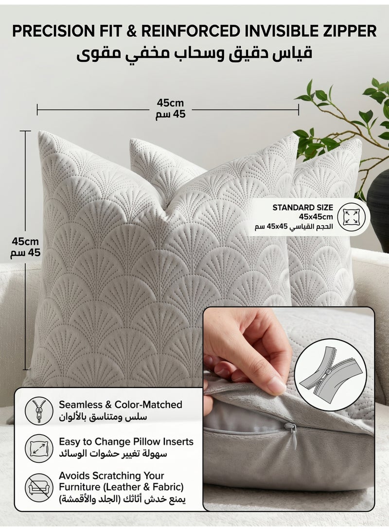 HOOGIFFT Set of 2 Premium Velvet Cushion Covers 45x45 cm - Luxury 3D Embroidered Geometric Decorative Throw Pillow Cases for Sofa, Couch, Living Room, Bedroom and Majlis Home Decoration (Light Grey) - Image 4