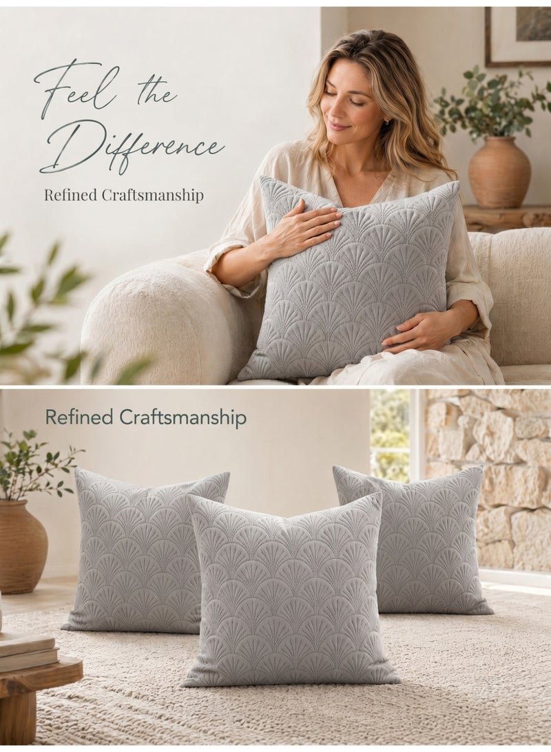 HOOGIFFT Set of 2 Premium Velvet Cushion Covers 45x45 cm - Luxury 3D Embroidered Geometric Decorative Throw Pillow Cases for Sofa, Couch, Living Room, Bedroom and Majlis Home Decoration (Light Grey) - Image 3