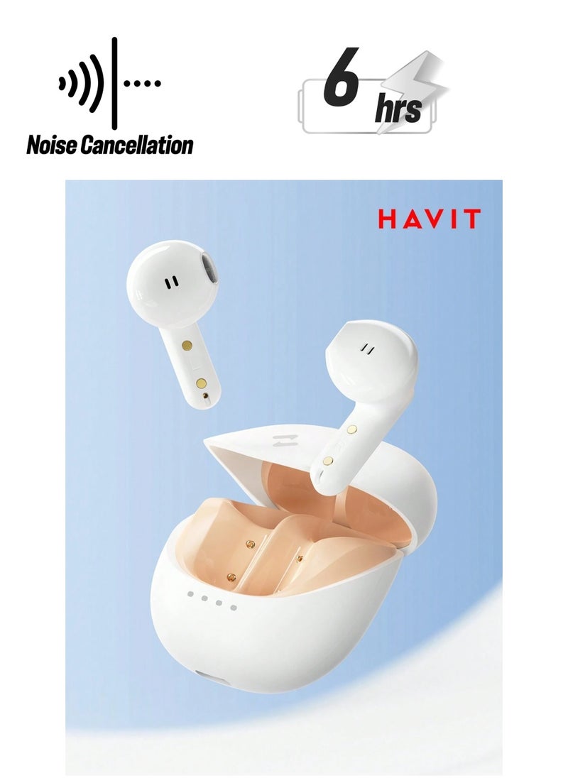 havit - TWS Earbuds Mini Size Wireless Earphones, Stereo Sound, Smart Touch Control, Lightweight Design, Comfortable with 2 Mic ENC for Sports & Travel, Type-C Charging Port, Compatible with iPhone, Samsung, Huawei, Xiaomi, Android & iOS Devices (Orange/White) - Image 1