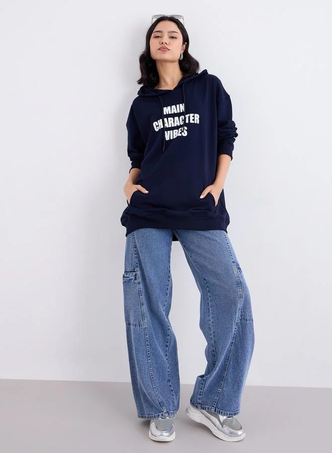Styli Styli Dark Blue Oversized Slogan Print Hoodie