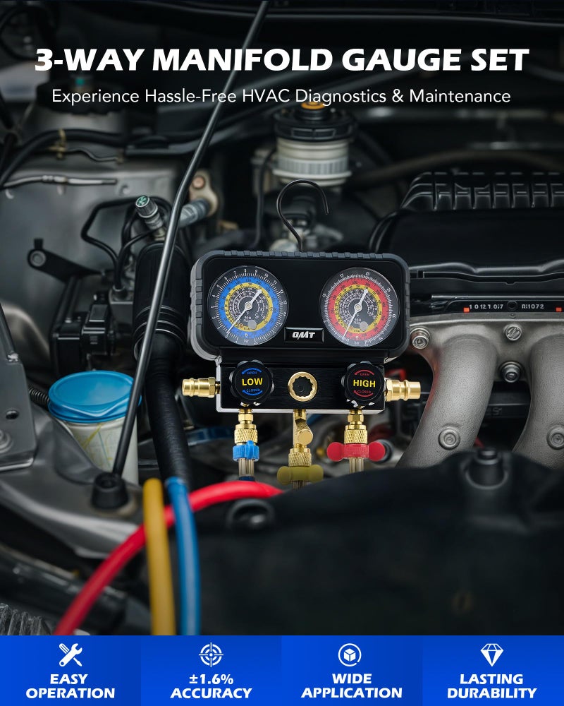 Orion Motor Tech مجموعة عدادات تكييف هواء أوريون موتور تكنولوجي، مجموعة عدادات مانيفولد ثلاثية لغازات التبريد R1234yf وR404a وR134a، مجموعة عدادات سيارات مع خراطيم وموصلات سريعة وصمامات ذاتية الإغلاق لشحن وتفريغ فريون السيارة - Image 2