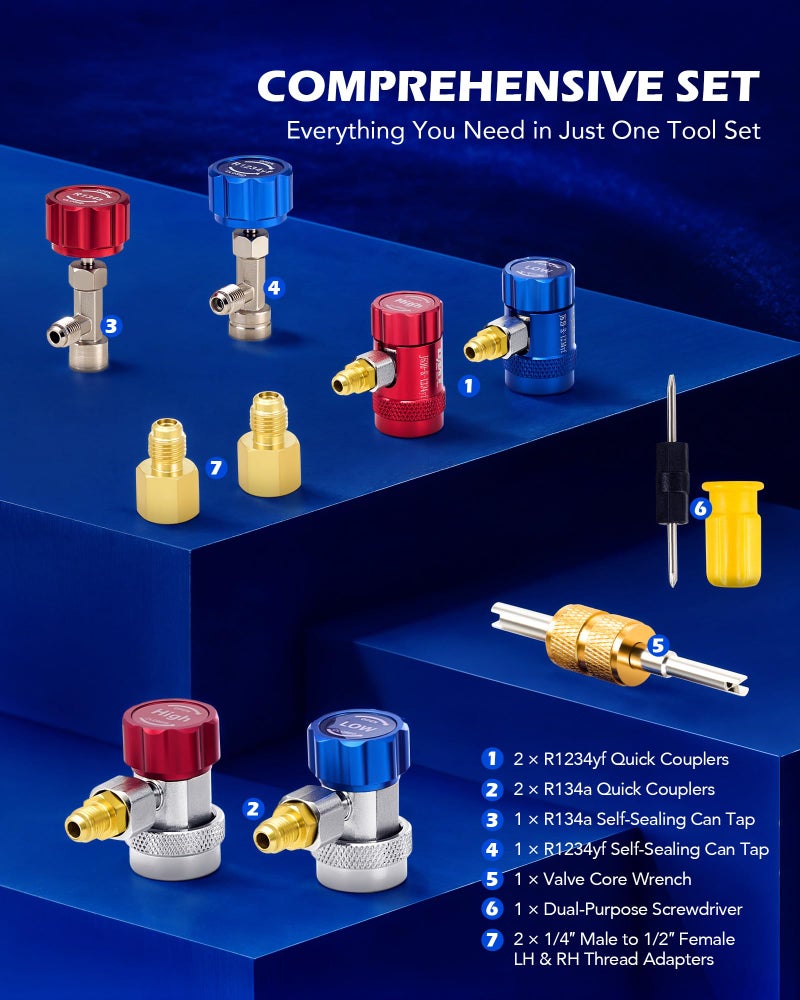 Orion Motor Tech مجموعة عدادات تكييف هواء أوريون موتور تكنولوجي، مجموعة عدادات مانيفولد ثلاثية لغازات التبريد R1234yf وR404a وR134a، مجموعة عدادات سيارات مع خراطيم وموصلات سريعة وصمامات ذاتية الإغلاق لشحن وتفريغ فريون السيارة - Image 3