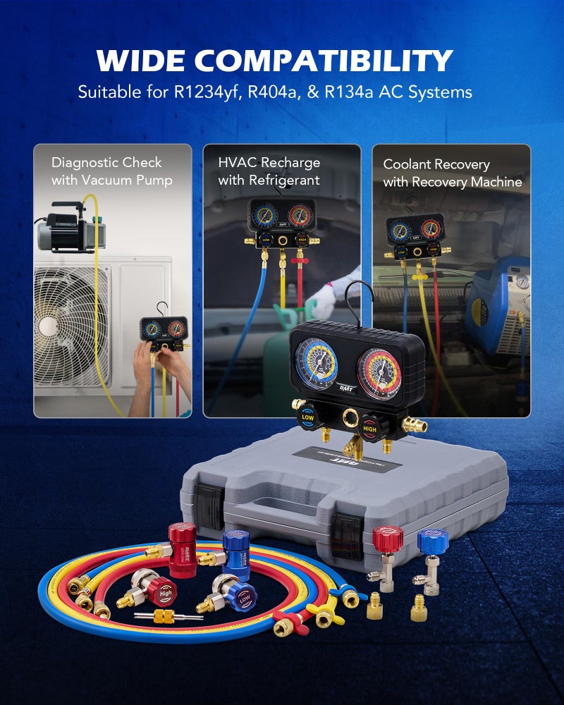 Orion Motor Tech مجموعة عدادات تكييف هواء أوريون موتور تكنولوجي، مجموعة عدادات مانيفولد ثلاثية لغازات التبريد R1234yf وR404a وR134a، مجموعة عدادات سيارات مع خراطيم وموصلات سريعة وصمامات ذاتية الإغلاق لشحن وتفريغ فريون السيارة - Image 4