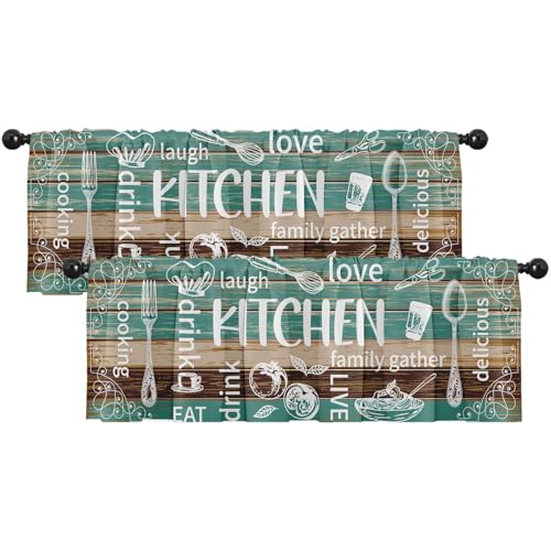 Emvency 2 Pack Valances Window Treatments Teal and Brown Farmhouse Kitchen Cooking Blackout Adjustable for Living Room Bathroom Bedroom Kitchen Over Sink 52x18 Inch Rod Pocket Valances - Image 1