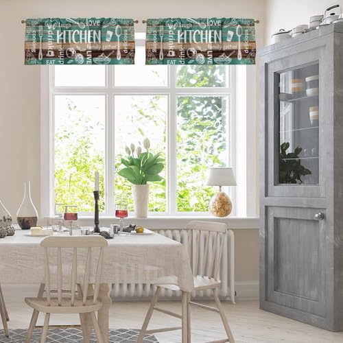Emvency 2 Pack Valances Window Treatments Teal and Brown Farmhouse Kitchen Cooking Blackout Adjustable for Living Room Bathroom Bedroom Kitchen Over Sink 52x18 Inch Rod Pocket Valances - Image 3