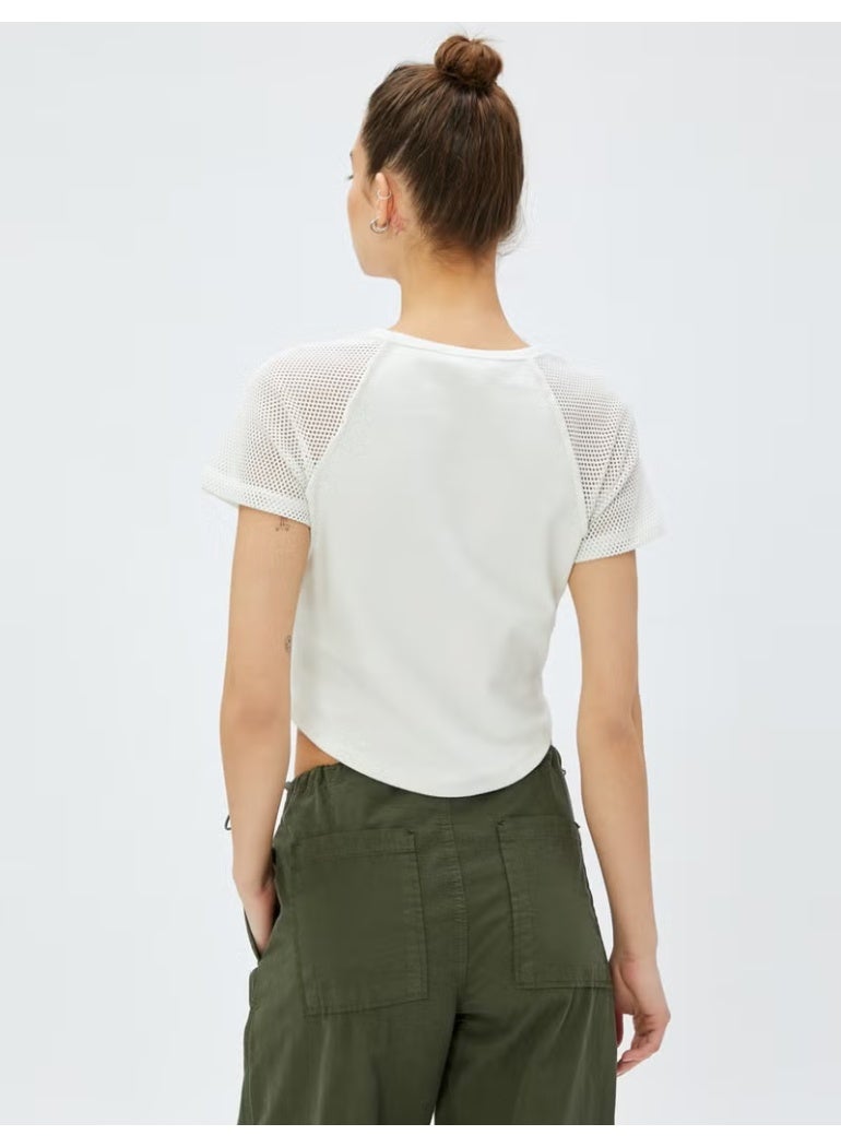 KOTON Crop T-Shirt Printed Mesh Detailed Crew Neck Cotton - Image 5
