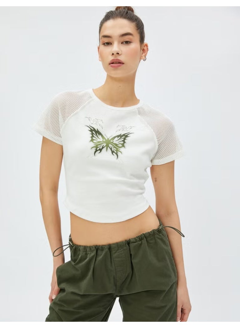 KOTON Crop T-Shirt Printed Mesh Detailed Crew Neck Cotton - Image 3