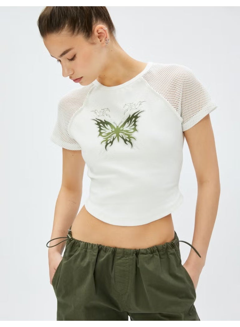 KOTON Crop T-Shirt Printed Mesh Detailed Crew Neck Cotton - Image 1