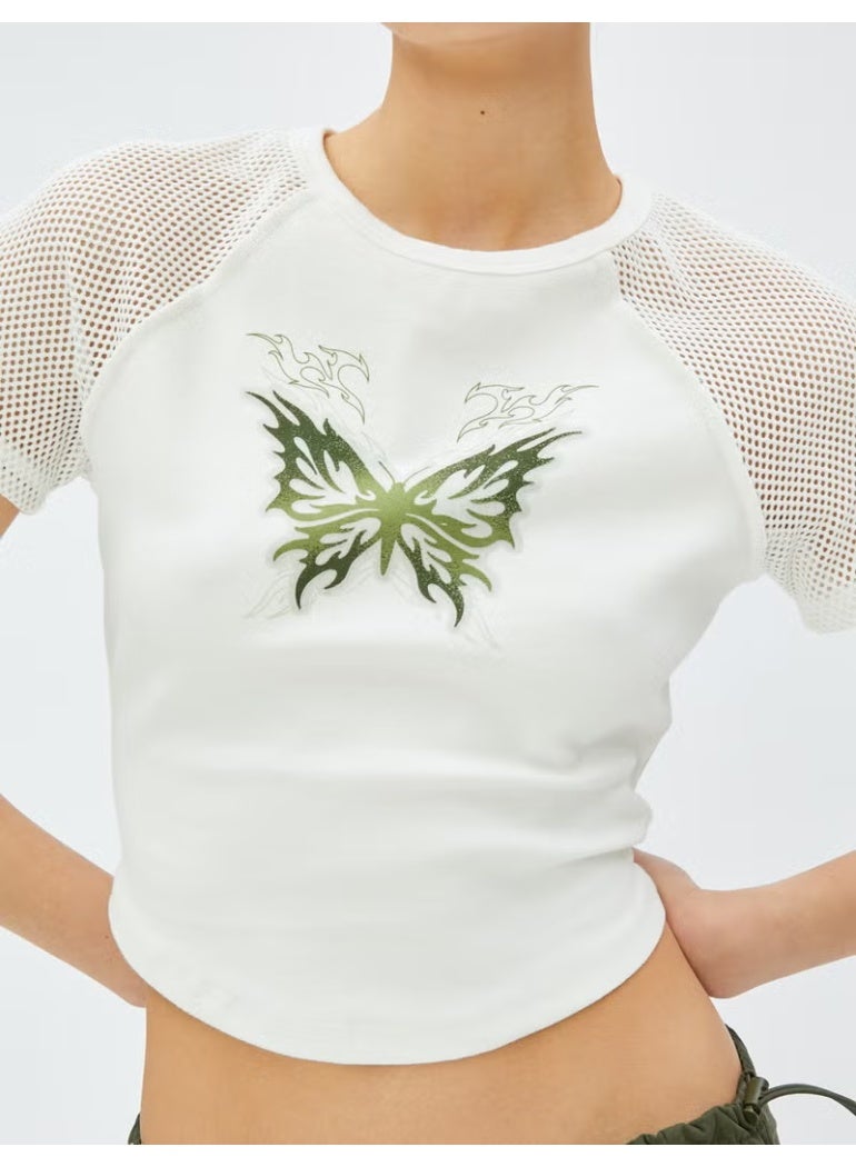 KOTON Crop T-Shirt Printed Mesh Detailed Crew Neck Cotton - Image 4