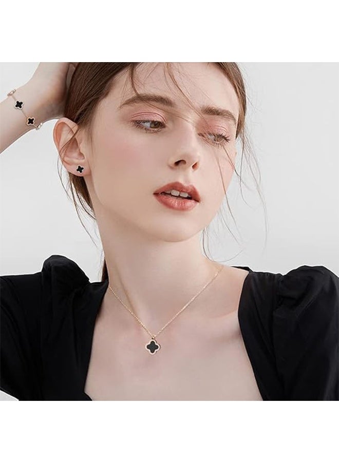 Women's 3pcs Jewelry Set Four Leaf Clover Necklace Earring Bracelet Set 18K Gold Plated Double-sided Lucky Jewelry Set as Gift for Women & Ladies(Black) - Image 4