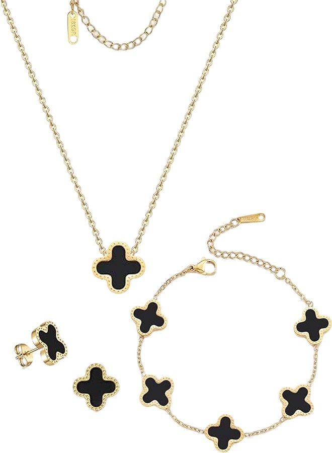 Women's 3pcs Jewelry Set Four Leaf Clover Necklace Earring Bracelet Set 18K Gold Plated Double-sided Lucky Jewelry Set as Gift for Women & Ladies(Black) - Image 1