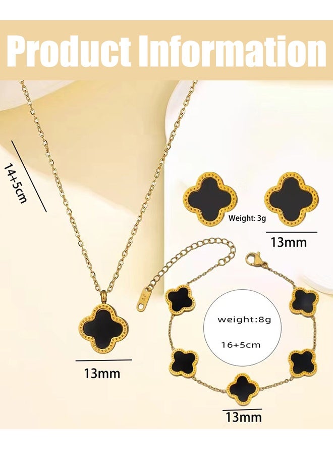Women's 3pcs Jewelry Set Four Leaf Clover Necklace Earring Bracelet Set 18K Gold Plated Double-sided Lucky Jewelry Set as Gift for Women & Ladies(Black) - Image 2