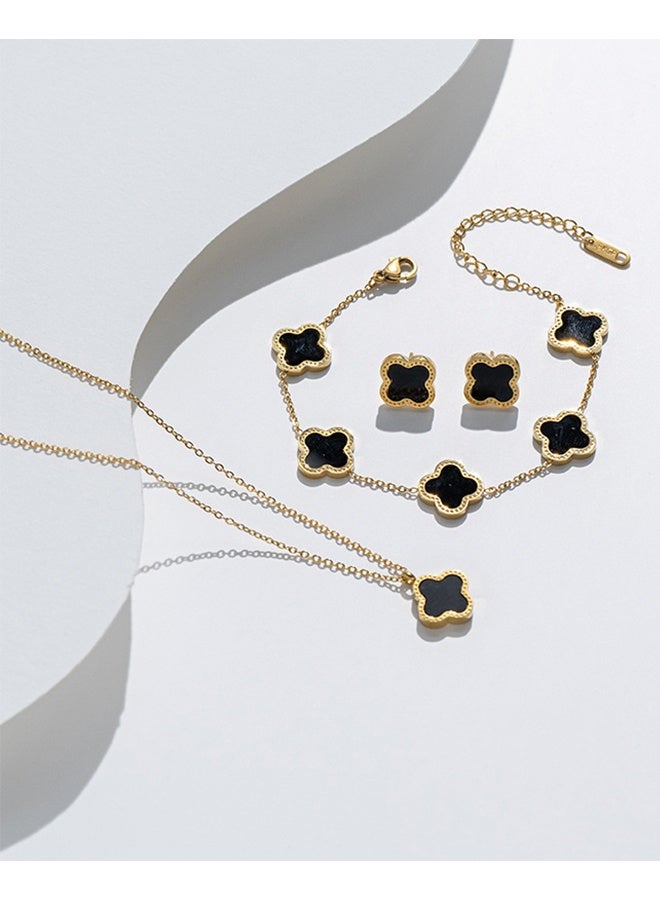 Women's 3pcs Jewelry Set Four Leaf Clover Necklace Earring Bracelet Set 18K Gold Plated Double-sided Lucky Jewelry Set as Gift for Women & Ladies(Black) - Image 5