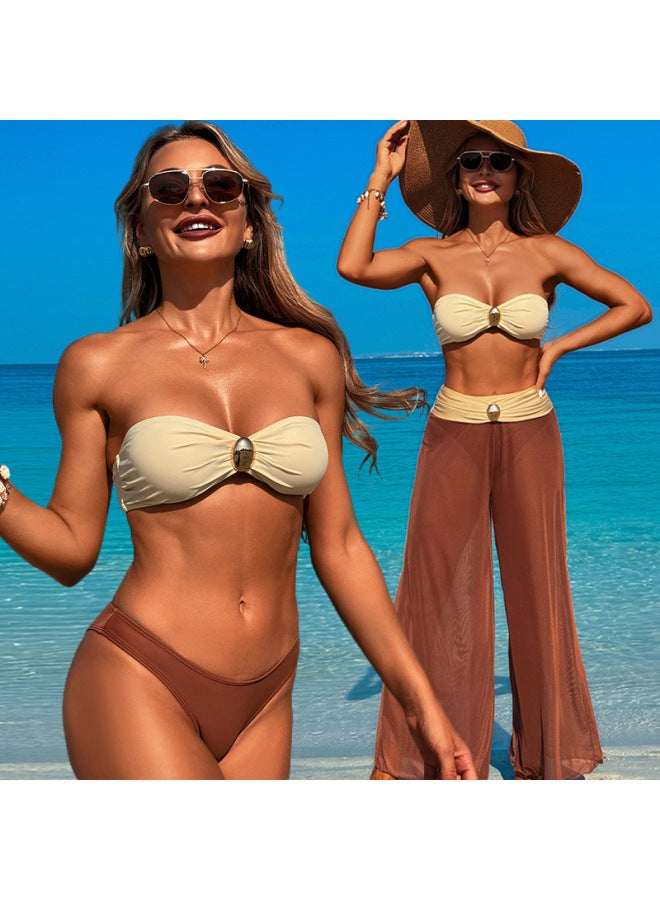 European And American Swimwear Bikini Three-piece Beach Wear Split Swimsuit European And American Women-Color:Camel Bikini-Size:XL
