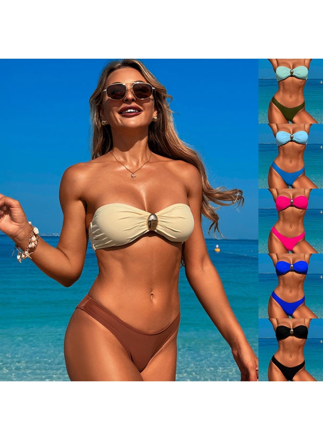 European And American Swimwear Bikini Three-piece Beach Wear Split Swimsuit European And American Women-Color:Camel Bikini-Size:XL