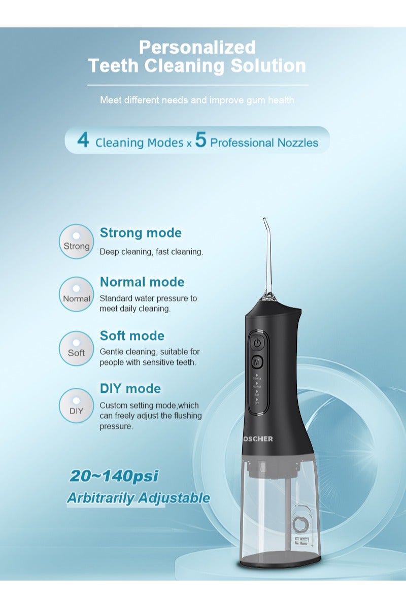 DOSCHER Portable Water Dental Flosser For Teeth Cleaning Dental Oral Irrigator With 4 Modes Scalable 4 Jet Nozzles IPX7 Water Resistance 300ML - Black - Image 2