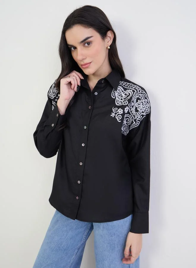 Styli Black Embroidered Long Sleeve Shirt