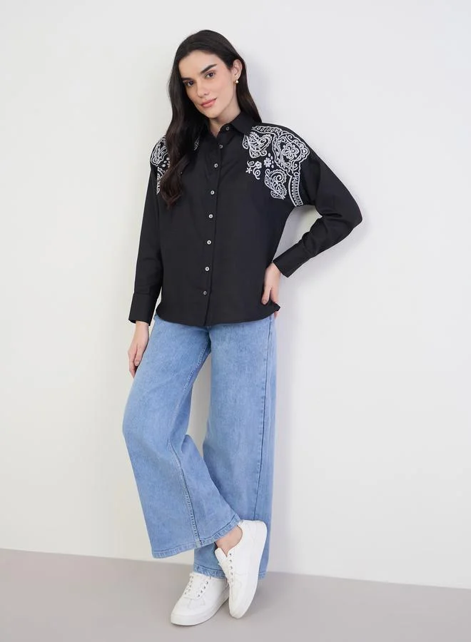Styli Black Embroidered Long Sleeve Shirt