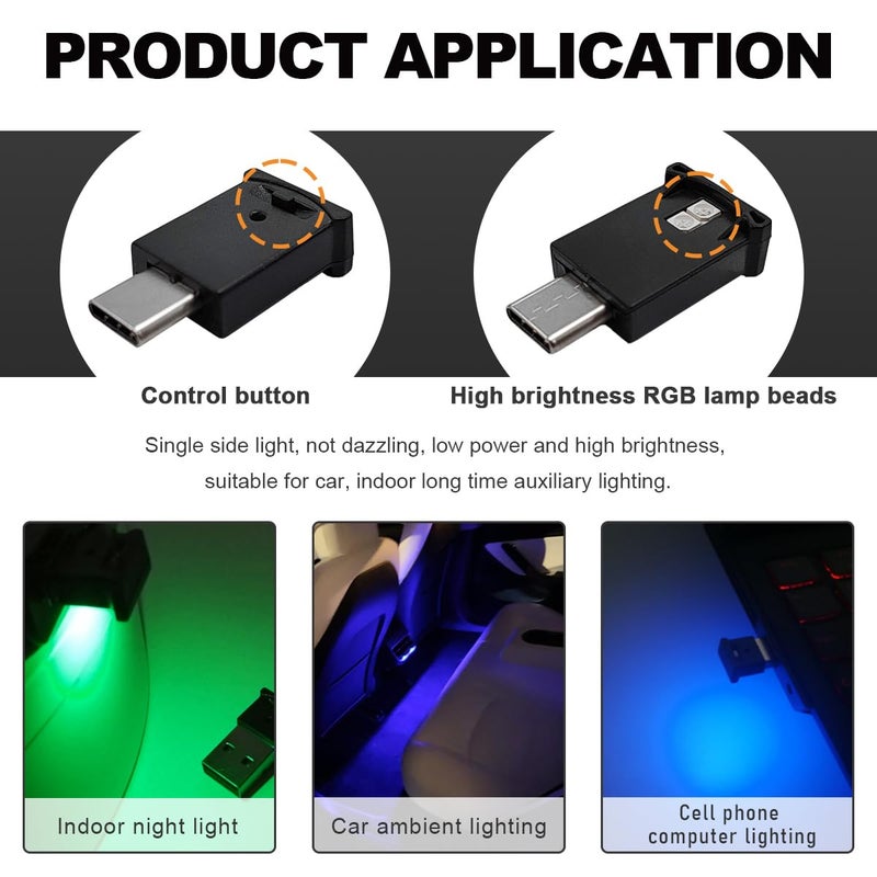 Wevdn 2 PCS USB Type C LED Ambient Light, Adjustable Brightness 8 Color RGB LED Interior Lighting, Mini USB Night Atmosphere Lamp for Car Home Decoration, Universal Car Interior Accessories - Image 4