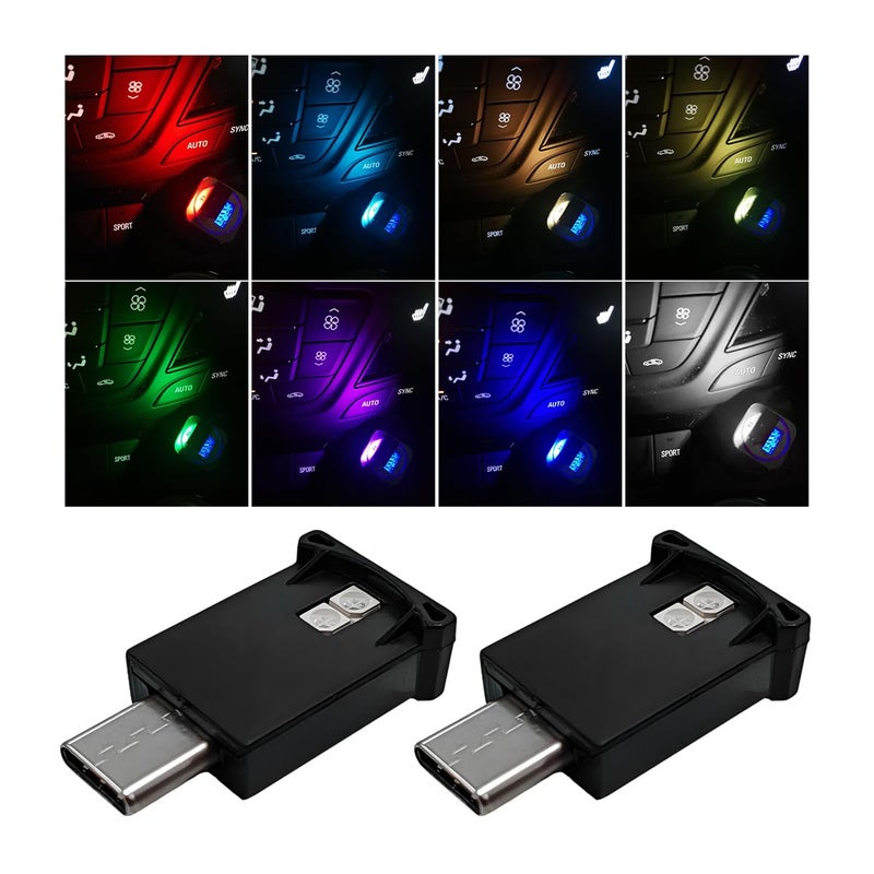 Wevdn 2 PCS USB Type C LED Ambient Light, Adjustable Brightness 8 Color RGB LED Interior Lighting, Mini USB Night Atmosphere Lamp for Car Home Decoration, Universal Car Interior Accessories - Image 1