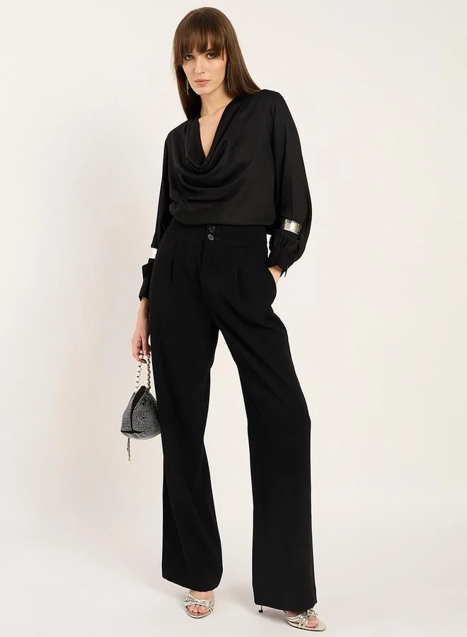 Femmella Satin Cowl Neck Asymmetrical Hem Top by Styli