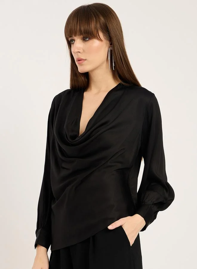 Femmella Satin Cowl Neck Asymmetrical Hem Top by Styli