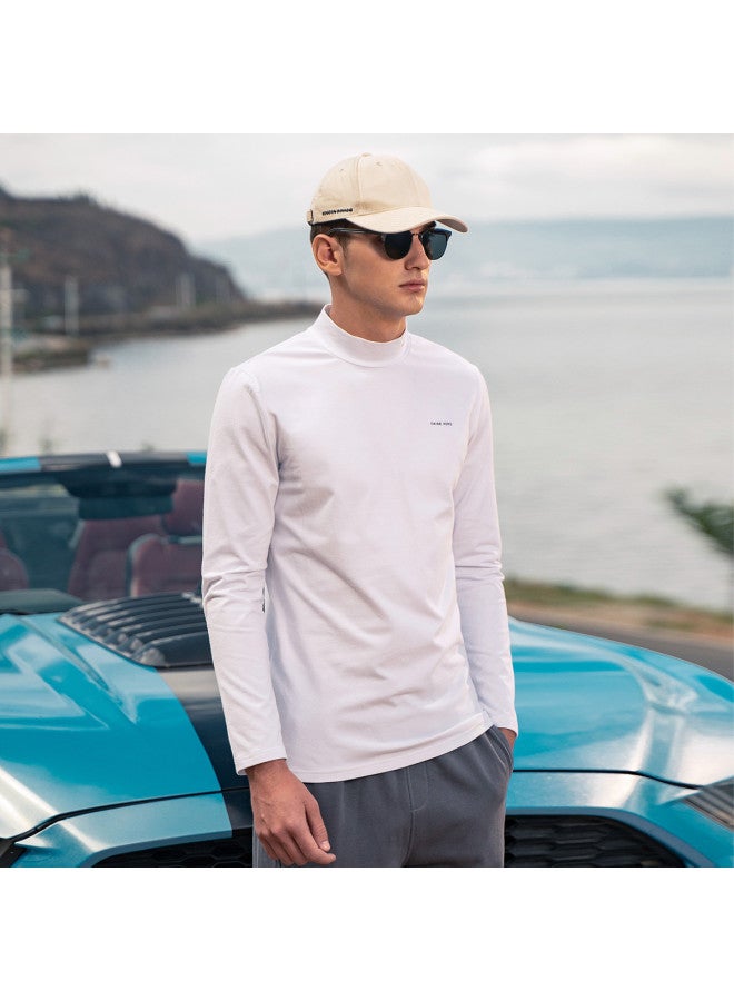 Semi-turtle Neck Heavyweight】men's Long Sleeve T-shirt With Minimalist Print, Mid-neck Base Layer Tee For Young Men - Image 4