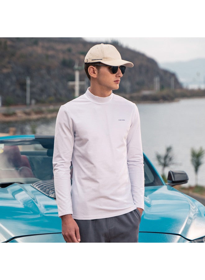 Semi-turtle Neck Heavyweight】men's Long Sleeve T-shirt With Minimalist Print, Mid-neck Base Layer Tee For Young Men - Image 2