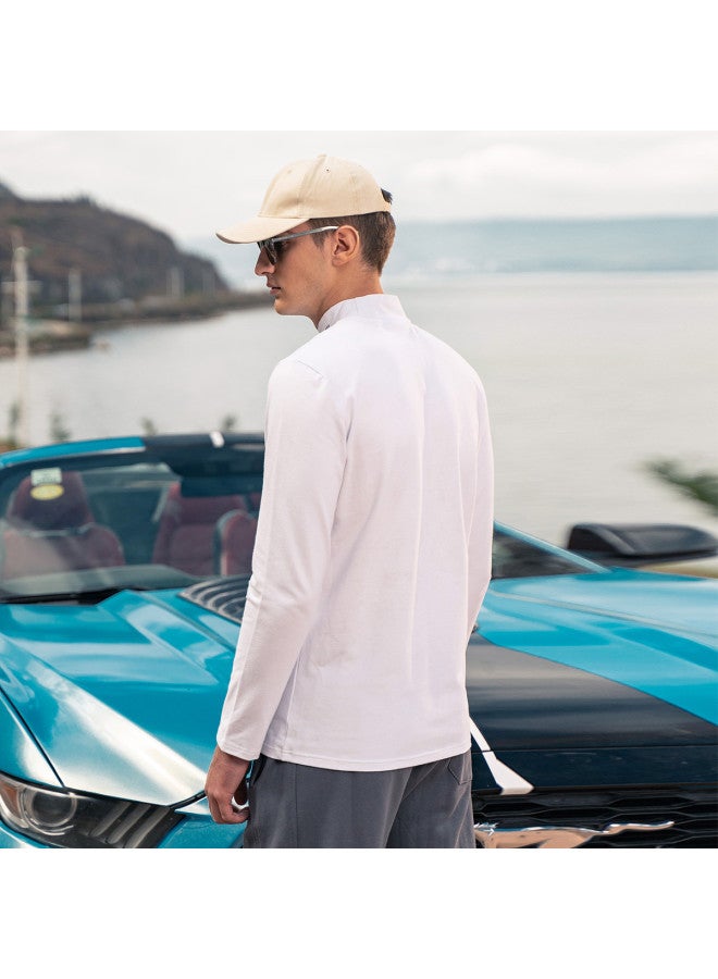 Semi-turtle Neck Heavyweight】men's Long Sleeve T-shirt With Minimalist Print, Mid-neck Base Layer Tee For Young Men - Image 3