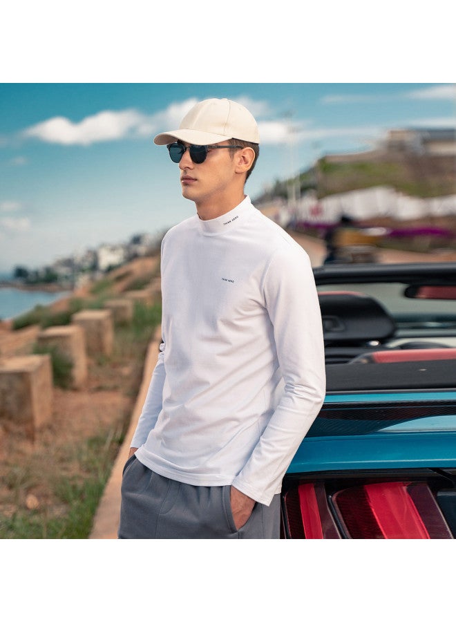 Semi-turtle Neck Heavyweight】men's Long Sleeve T-shirt With Minimalist Print, Mid-neck Base Layer Tee For Young Men - Image 5