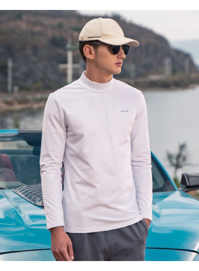 Semi-turtle Neck Heavyweight】men's Long Sleeve T-shirt With Minimalist Print, Mid-neck Base Layer Tee For Young Men - Image 1